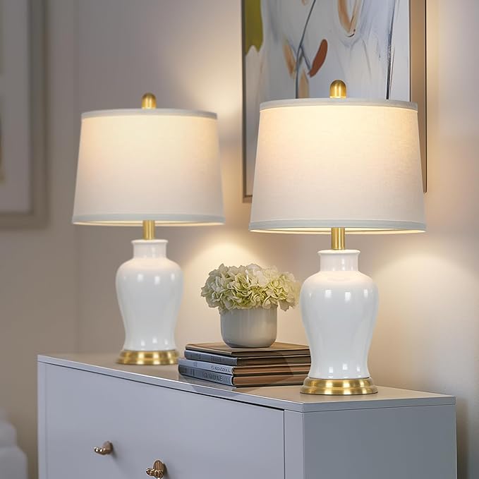 Modern Ceramic Table Lamps Set of 2, 23" White Ceramic Lamps for Living Room, Rustic Farmhouse Bedside Lamp with Ginger Jar Design, Elegant Bedroom Lamp for Nightstand Desk Side End Table Home Decor - Bloomnest