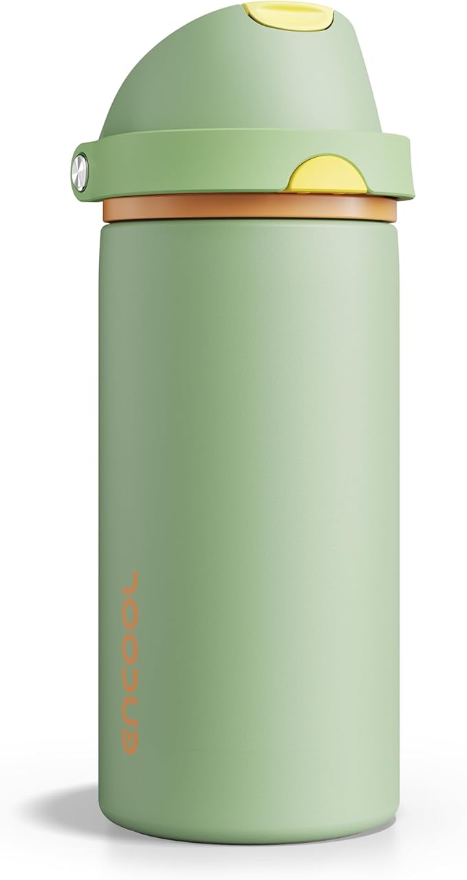 Insulated Water Bottle with Straw - Encool Stainless Steel Water Bottle with Push Button Lid, Leak-Proof & BPA-Free, Keeps Cold for 24 Hours for Sports, Travel, Gym (18 oz, Lichen-Yellow) ENCOOL