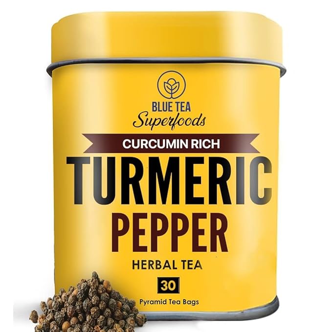BLUE TEA - Turmeric Tea - Pepper - 30 Count - Pyramid Plant Based Tea Bag | Black Deals Friday 2025 | CURCUMIN RICH - HERBAL BLEND | Herbal Tea - Caffeine Free - No Sugar - Earthy Flavor - Healthy | Tin Pack - Bloomnest