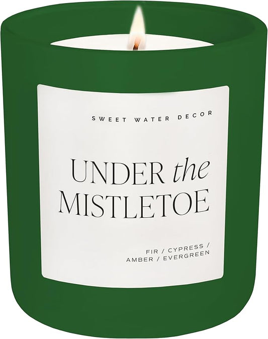 Sweet Water Decor Under The Mistletoe Holiday Candle - Cypress, Evergreen, Cedar, Pine Scented Candle for Christmas - 15oz Matte Green Jar, 70+ Hour Burn Time - Christmas Decor and Gifts - Bloomnest