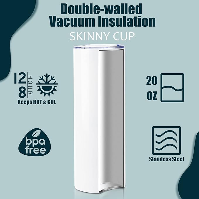 8 Pack 20 oz Sublimation Tumbler Set Double Walled Stainless Steel Skinny Straight Blank Tumbler Bulk with Lid, Straw, DIY Stickers Shrink Wrap, Rubber Base for Heat Transfer Heat Press - Bloomnest
