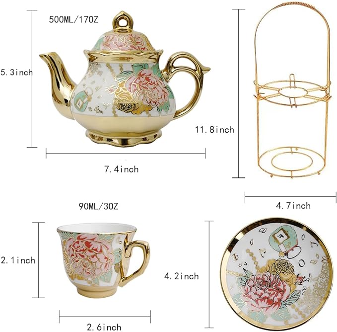 CHANJOON tea sets Gold Plated Red Rose Ceramic Tea Set, Vintage Teapot Tea Sets Beautiful Tea Set Coffee Serving 6 People (Golden, Medium) - Bloomnest