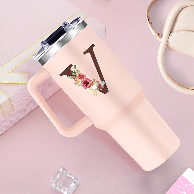 Monogrammed 40oz Tumbler with Handle for Women, Personalized Birthday Gifts for Women,Initial Cups for Woman Floral Letter V,Customized Gifts for Female Lady Gift for Mothers Day Christmas - Bloomnest