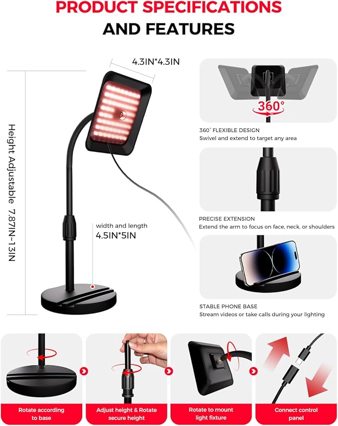 SJZX Red Light Therapy for Face Body, 360° Adjustable Infrared Light Therapy Lamp with 660nm 730nm 850nm LED Red Lights Panel Device, Home use with Goggles & Phone Stand, Ideal Gift for Women Mom Wife sjzxuv