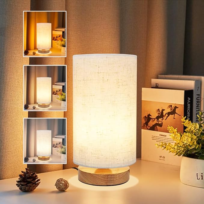 3-Color Adjustable Bedside Table Lamp for Bedroom,Minimalist Wood Base&Round Fabric Shade,Cozy Lighting Nightstand Boho Lamp,Study Reading Desk Night Stand Light for Living Room,Office,kitchen,Nursery - Bloomnest