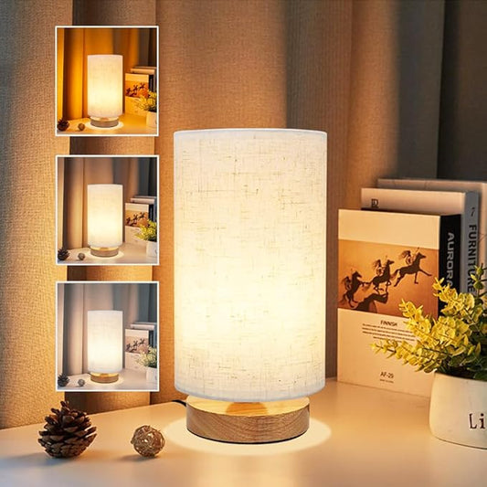 3-Color Adjustable Bedside Table Lamp for Bedroom,Minimalist Wood Base&Round Fabric Shade,Cozy Lighting Nightstand Boho Lamp,Study Reading Desk Night Stand Light for Living Room,Office,kitchen,Nursery - Bloomnest