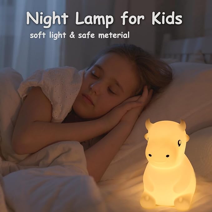 Night Light for Kids, Cute Night Lamp Bedroom Cow Nightlight for Baby Girl Boy Teem, Battery Powered Silicone Animal Night Lamp Christmas Birthday Gifts - Bloomnest