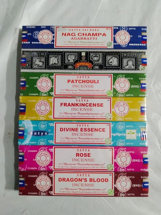 Satya Incense Gift Set Nag Champa, Super hit, Dragon's Blood, Frankincense, Patchouli, Rose, Divine Essensce, 15 g (Divine) Satya