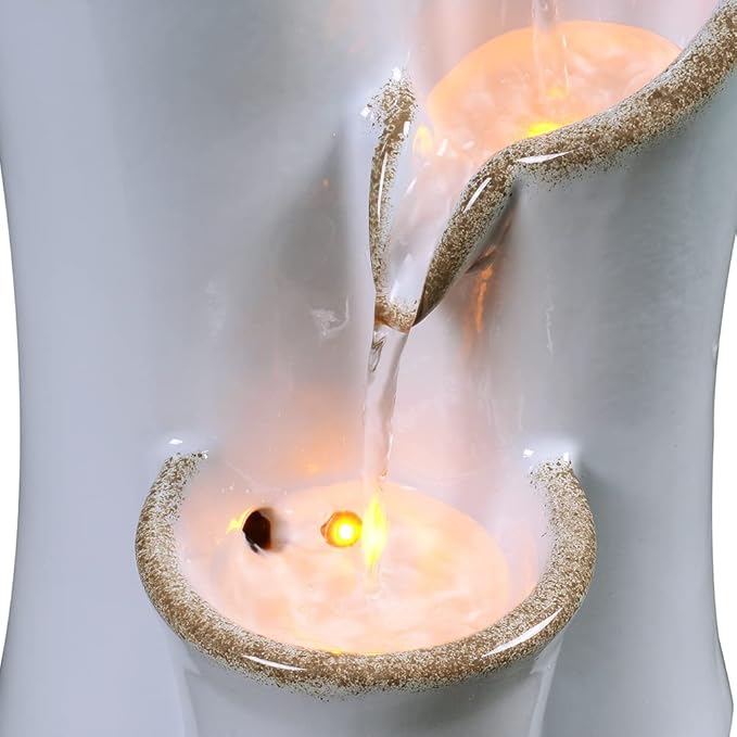 Haobos Indoor Water Fountain Imitation Ceramics Appearance Tabletop Fountain Relaxation Desktop Waterfall w/ 3 Reflective led, 9.8 Inch Tall Fountain (Grey) - Bloomnest