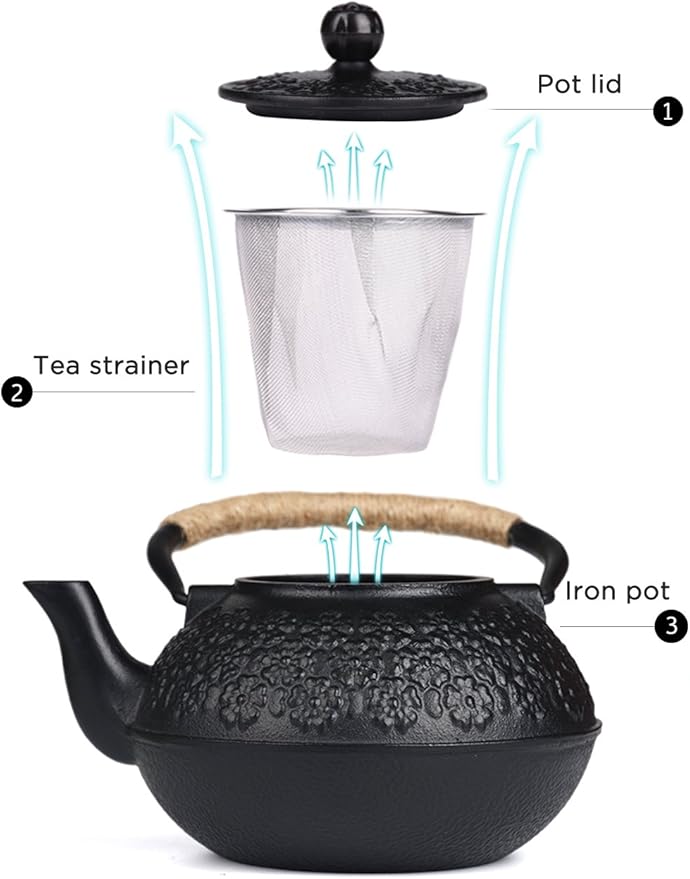 Sotya Cast Iron Teapot, 40oz/1200ml Japanese Tetsubin Tea Pot with Infuser for Loose Leaf and Tea Bags, Tea Kettle Coated with Enameled Interior for Stove Top, Black - Bloomnest