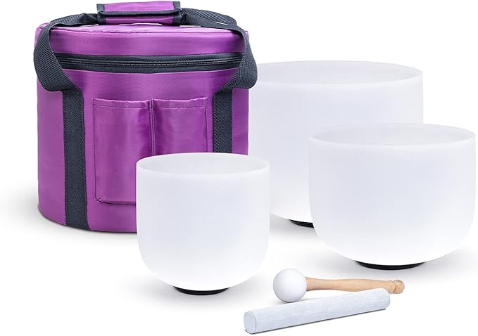 KVKA Set of 3pcs Chakra Frosted Quartz Crystal Singing Bowl 6-10 inch with case （10''F 8''G 6''B)
