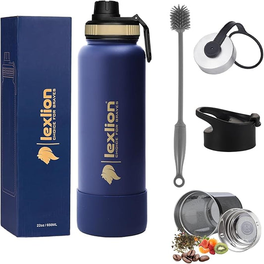 Lexlion Tea Infuser Water Bottle 22 Oz – Triple Wall Insulated Stainless Steel, Loose Leaf & Fruit Strainer, 3 Leakproof Lids, BPA-Free Silicone Sleeve, Reusable Thermal Mug - Bloomnest