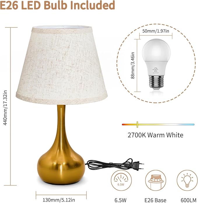 ONEWISH Touch Table Lamp for Bedroom, 3-Way Dimmable Gold Bedside Lamps for Nightstand with Fabric Shade, Desk Lamp for Kids Reading, Home Office - Bloomnest