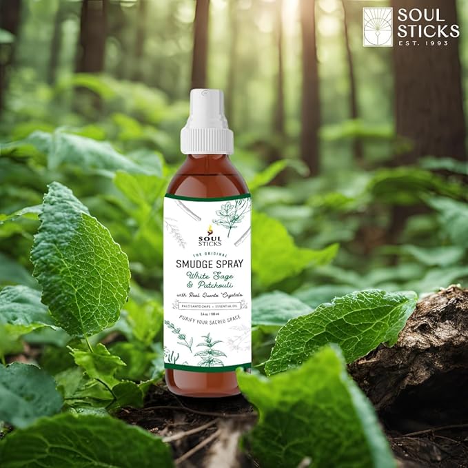 SOUL STICKS White Sage & Patchouli Smudge Spray For Cleansing and Negative Energy | 3.5oz White Sage Smudge Spray with Real Quartz Crystals | Car Fragrance Sage Room Spray for Spiritual Cleansing SoulSticks