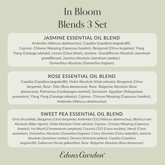 Edens Garden In Bloom Essential Oil 3 Set – 100% Pure Therapeutic Grade, Undiluted Aromatherapy- Jasmine, Rose & Sweet Pea Floral Blends– No Artificial Fragrance & Natural For Diffusers, 10 ml/ 3 Pack - Bloomnest