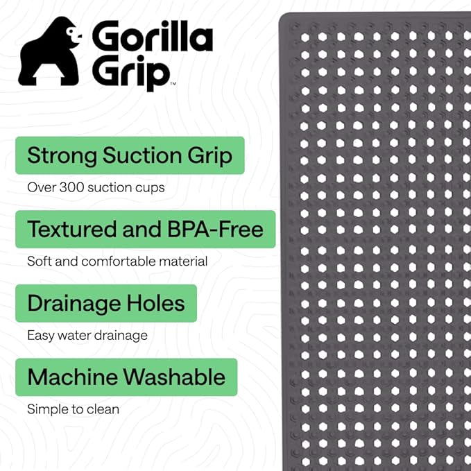 GORILLA GRIP Patented Bath Tub Shower Mat, Machine Washable Bathtub Floor Liner Mats, Suction Cups and Drain Holes to Keep Tubs Clean, Soft on Feet, Bathroom Essentials, 35x16 Inch, Charcoal Opaque - Bloomnest