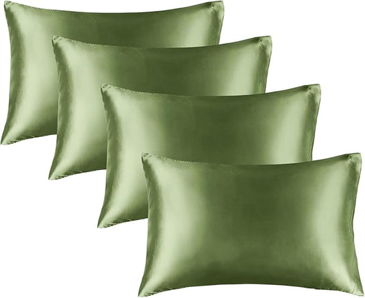 BEDELITE Satin Pillowcase for Hair and Skin, Super Soft Similar to Silk Pillow Cases 4 Pack with Envelope Closure, Cooling Pillowcases for Women Men (20"x26" Standard Size, Cedar Green) - Bloomnest