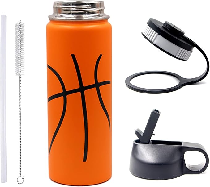 18 oz Basketball Water Bottle, Sports Flask Metal Travel Tumbler with 2 Lids, Stainless Steel Double Wall Vacuum Insulated Thermo Water Bottles, Basketball Accessories Stuff Gifts for Mom Boys Girls - Bloomnest