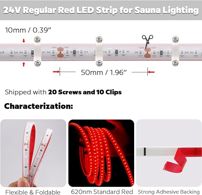 DC24V 630nm Red LED Strip for Sauna Lighting, Flexible Cuttable Dimmable Long 5m 16.4ft 600 LEDs Heat-Resistant IP68 Waterproof Chromotherapy Sauna Light Tape (Ordinary Red) Bloomnest