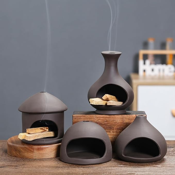 Palo Santo Holder, Sage and Palo Santo Stick Burner Holder, Chiminea Incense Holder, Handmade Ceramic Smudge Bowl, Ash Catcher with Mini Chimney, for Energy Cleansing, Yoga, Meditation Relaxation - Bloomnest