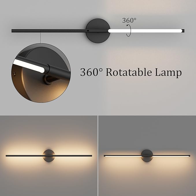 Modern Wall Sconce for Bathroom & Bedroom - 33In Black Vanity Light Fixture - 3000K Warm Light - 360 Rotate Over Mirror - Bloomnest
