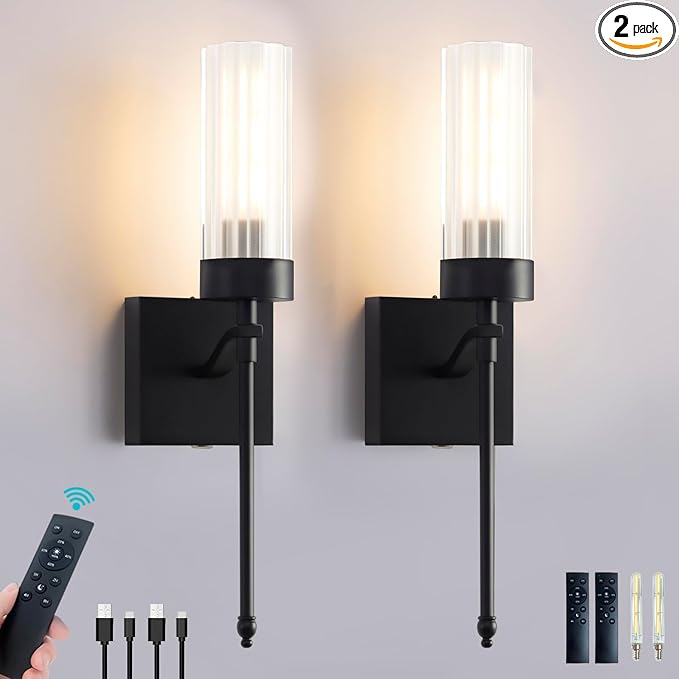 Battery Operated Wall Sconce Set of Two with Remote, Black Rechargeable Wireless Wall Lights, Sconces Wall Decor Set of 2 Dimmable 2700K Battery Powered Sconce for Bathroom Living Room Hallway - Bloomnest
