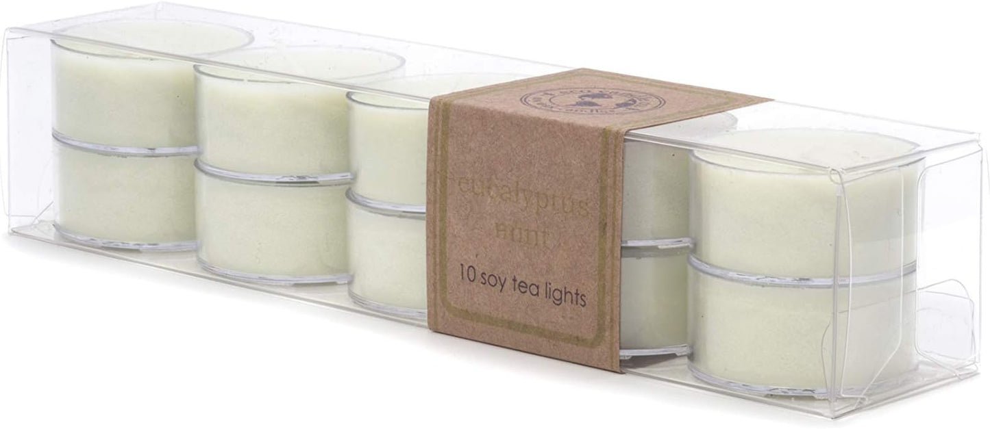 ECO CANDLE CO. Tea Light Candles, Eucalyptus Mint, 10-Pack - Scents of Eucalyptus, Spearmint, & Peppermint - Recyclable, 100% Soy Wax, No Lead, Hand Poured, Midwest Grown Soybeans, .6 oz. Each - Bloomnest