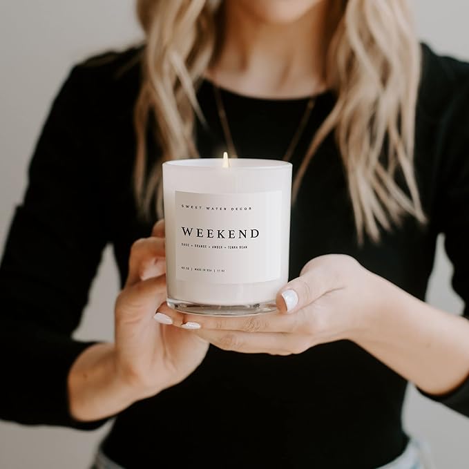 Sweet Water Decor Weekend Candle - Soy Citrus, Grapefruit, Sage, Amber, and Oakmoss Scented Spring Candles for Home - 11oz White Jar with Wood Lid, 50+ Hour Burn Time, Made in The USA - Bloomnest