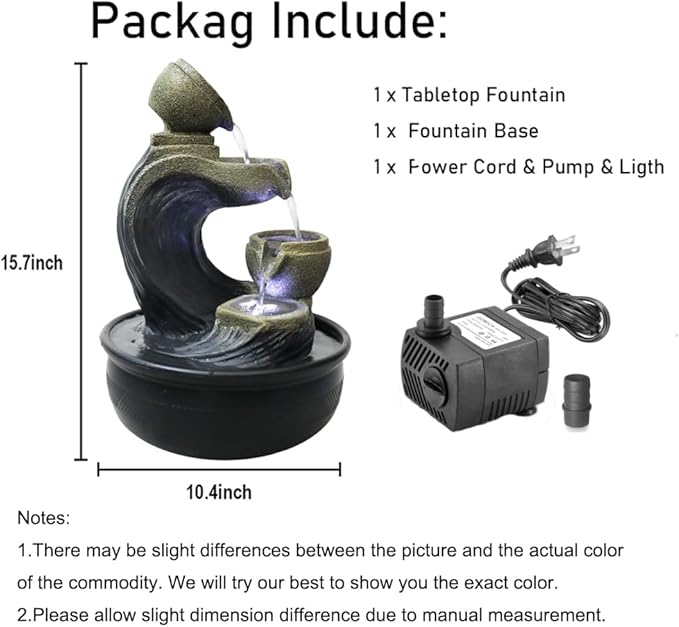 Indoor Tabletop Water Fountains and Calming Water Sound Relaxation Desktop Waterfall Fountain with LED Lights，The for Office, Room Decoration, Portable Feng Shui Fountain Indoor