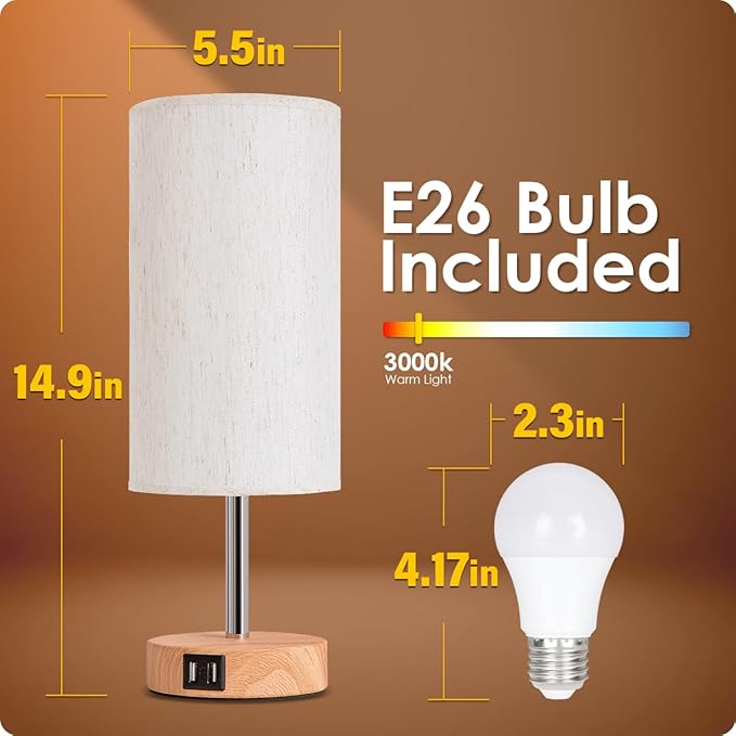 Yarra-Decor Bedside Lamps with USB Port - Touch Control Table Lamp for Bedroom Wood 3 Way Dimmable Nightstand Lamp Set of 2 with Round Flaxen Fabric Shade for Living Room, Dorm, Home Office (2 Pack) - Bloomnest
