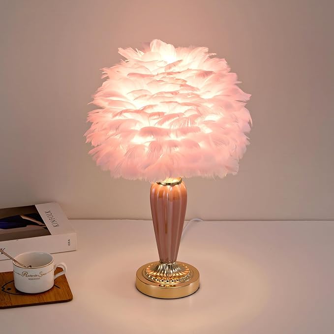 Pink Feather Lamp Creative Bedside Lamp Feather Table Lamp Cute Furry Goose Nightstand Light for Girl Bedroom Wedding Decor Living Room Hotel Office Valentines Dating Gift - Bloomnest