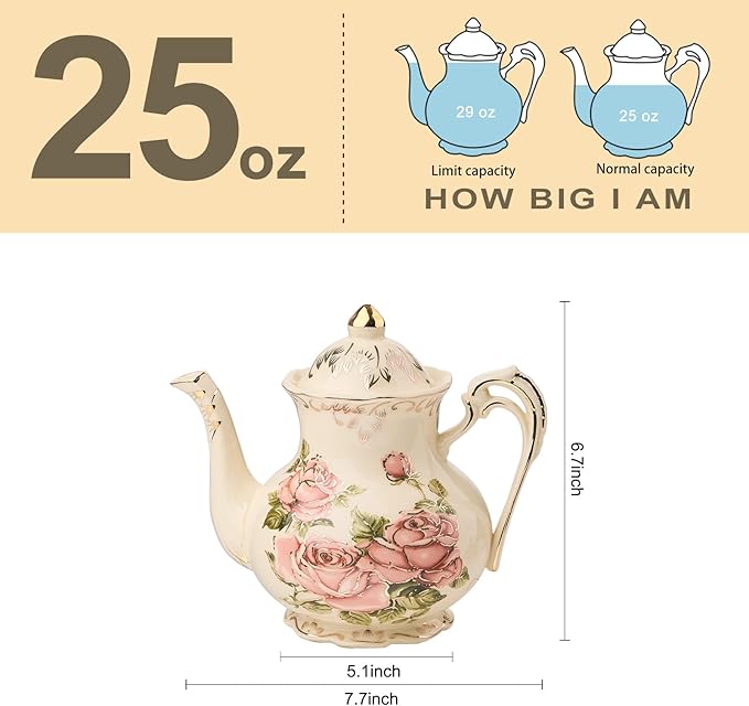 YOLIFE Small Pink Rose Teapot, 25oz/ 3 Cup Vintage Ivory Ceramic Tea Pot, Floral Teapot with Gold Trim, Gifts for Women - Bloomnest