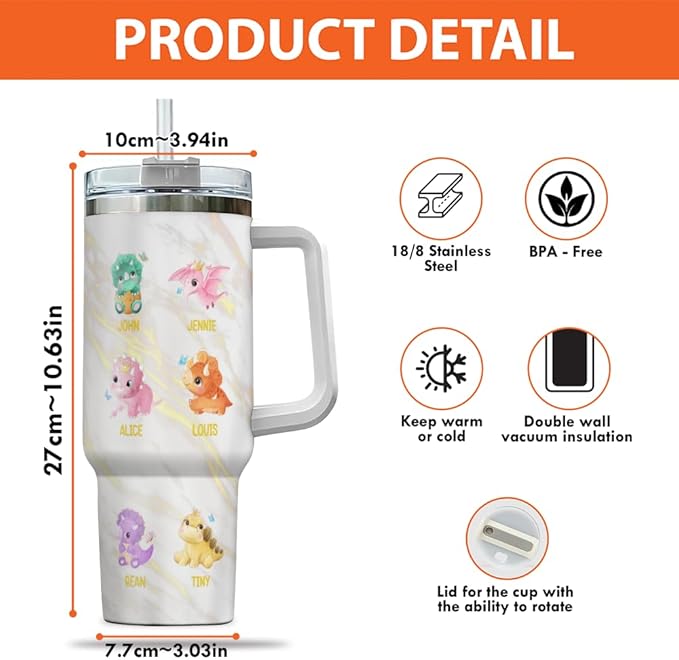 Personalized Dinosaur Dad Tumbler with Handle and Straw, Cute Custom Names and Baby Dino Design, Funny Father’s Day Gift for Dad or Papa from Kids - Bloomnest