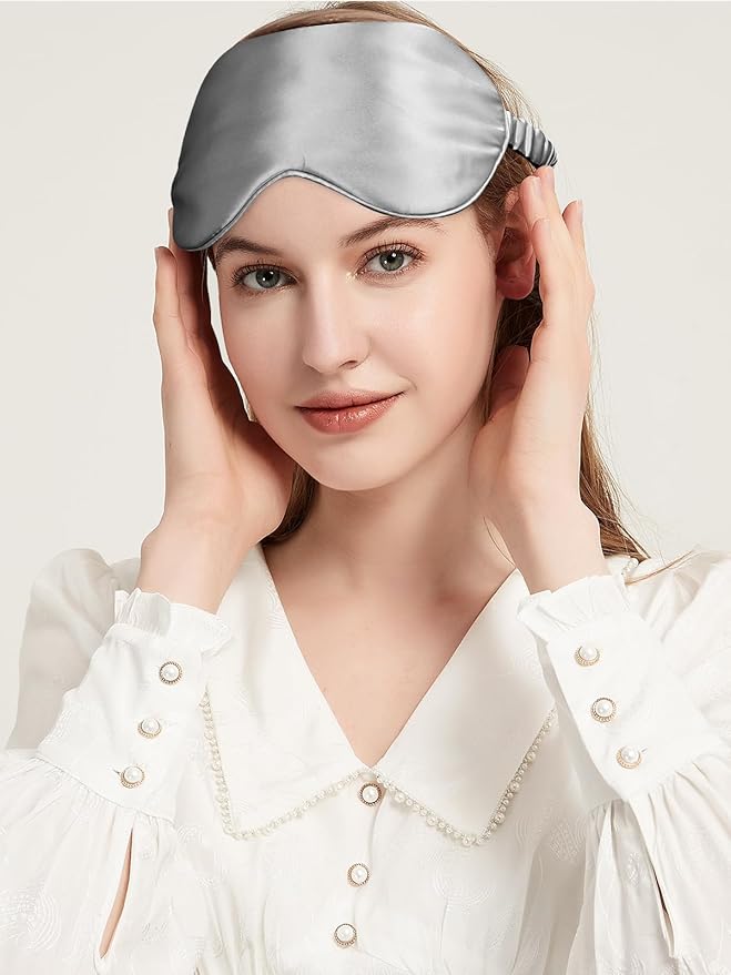 100% Mulberry Silk Eye Mask for Sleeping with Silk Wrapped Adjustable Strap,Silver Gray - Bloomnest