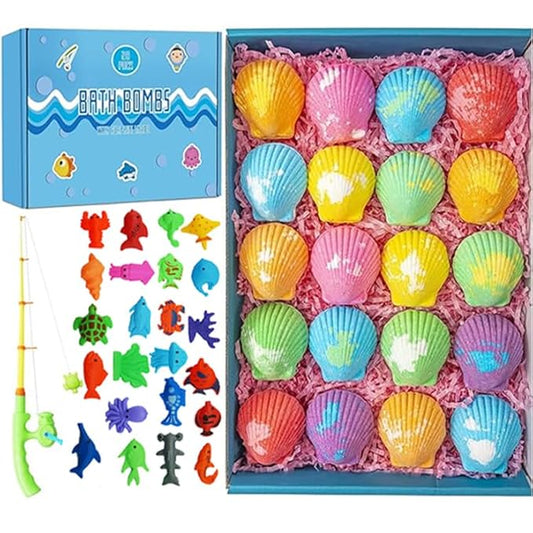 Bath Bombs for Kids with Surprise Fishing Games Inside for Girls Boys - 20 Shell Kids Bath Bombs Gift Set, Handmade Bubble Bath Fizzes Bomb for Chrildren Birthday Christmas and Party Favor