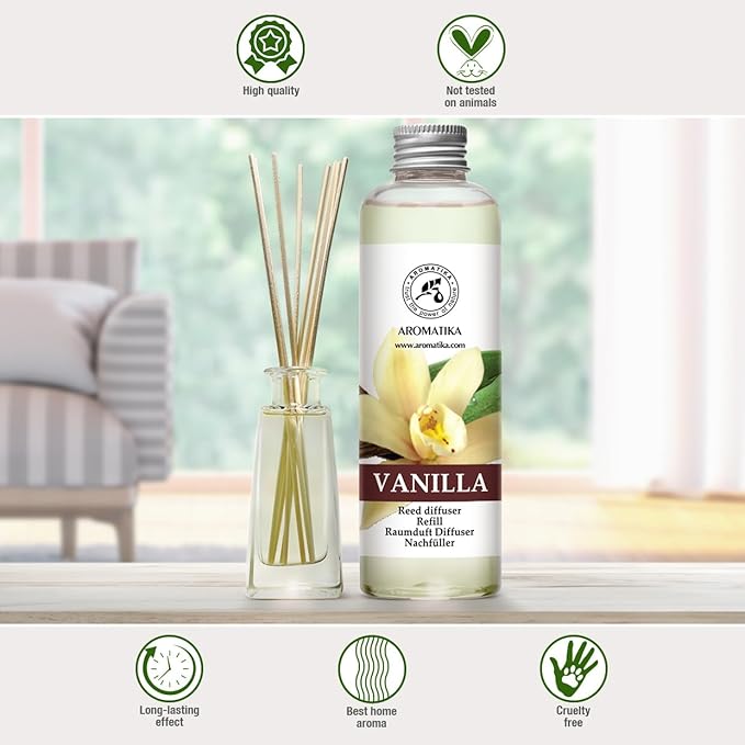 Vanilla Diffuser Refill w/Natural Essential Vanilla Oil 6.8 Fl Oz - Intensive - Fresh & Long Lasting Fragrance - Reed Diffuser Oil Refill Vanilla - for Aromatherapy - SPA - Home - Office - Fitness - Bloomnest
