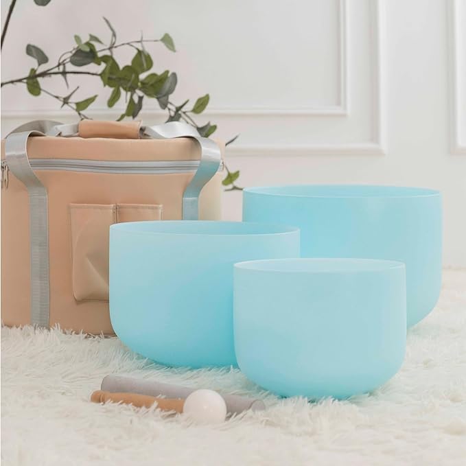 Hye-eun Crystal Singing Bowls Set, 3PCS 432hz 8"A 10"E 12"D Blue Frosted Quartz Chakra Sound Bath Bowl with Beige Carrying Case for Sound Healing Yoga Meditation Cleansing Stress Relief - Bloomnest