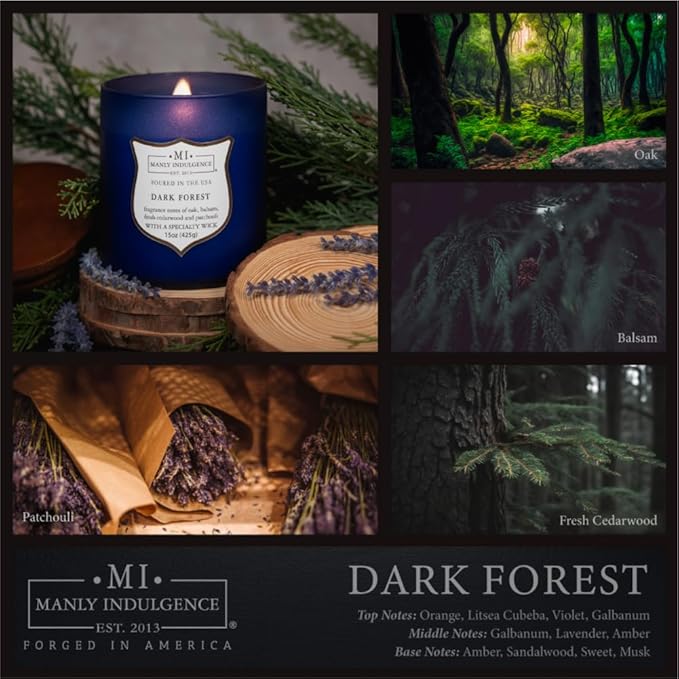 Manly Indulgence Dark Forest Scented Jar Candle for Men, Wood Wicked Candle, 15 oz - Oak, Balsam, Fresh Cedarwood & Patchouli - Up to 60 Hours Burn, Soy Blend Wax, USA Poured, Navy Blue - Bloomnest