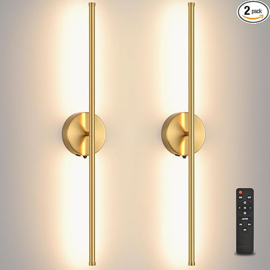 Wall Sconces Battery Operated Set of Two, Gold LED Wireless Wall Sconce with Remote Control 350° Rotate, 27.6 Inch Dimmable USB Rechargeable Wall Lights for Living Room Bedroom Hallway - Bloomnest