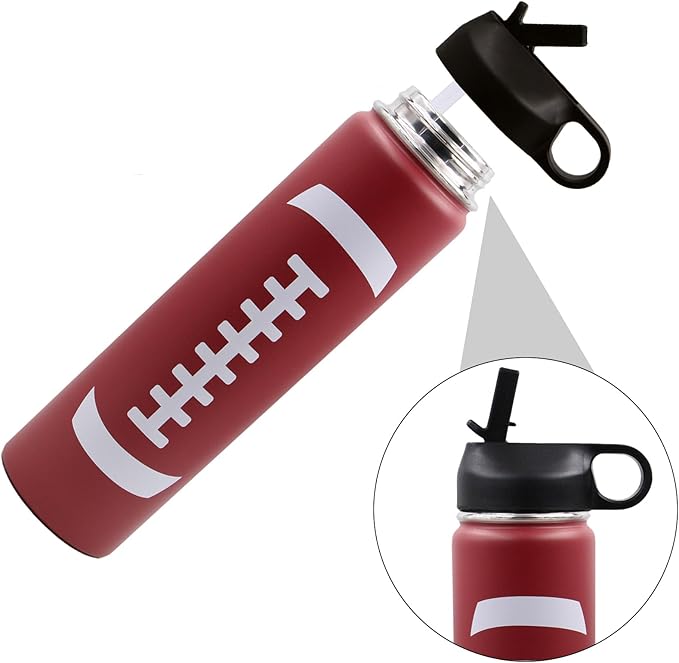 25 oz Football Water Bottle with Straw, Sports Flask Metal Travel Tumbler with 2 Lids, Stainless Steel Double Wall Vacuum Insulated Leak Proof Thermo Water Bottles, Football Gear Gifts for Boys Girls - Bloomnest