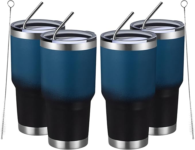 MEWAY 30oz Insulated Tumbler With Lids and Straws,Stainless Steel Double Vacuum Coffee Tumbler Cup, Brush, Durable Powder Coated Coffee Cup for Cold & Hot Drinks, Office, Travel(Blue Black,4 PACK) - Bloomnest