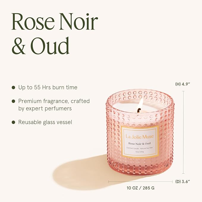 LA JOLIE MUSE Rose Noir & Oud Scented Candle – Lemon, Rose & Oud | 10 oz Natural Soy Wax | 55 Hours Clean Burn | Gift-Ready for Hosts & Gatherings | Elegant Home Décor - Bloomnest