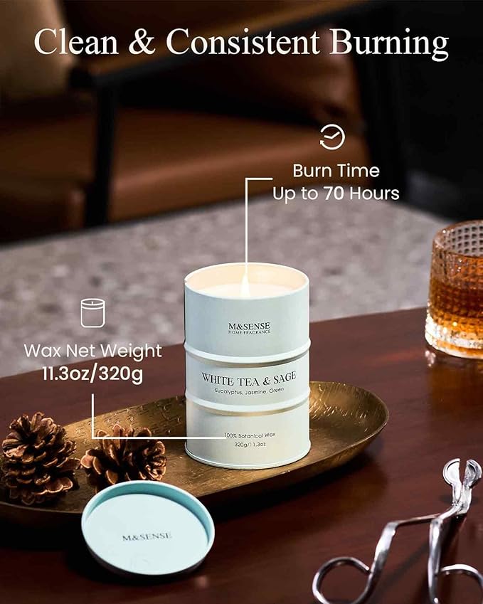 M&SENSE White Tea Sage Scented Candles Natural Non Toxic, Aromatherapy Candle for Stress Relief Meditation Relaxing, Housewarming Gifts for Women Men, 11.3oz 70 Hour Long Burning - Bloomnest