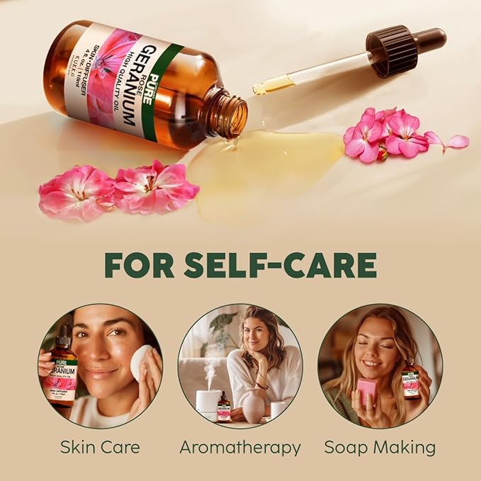 KUKKA Rose Geranium Essential Oils - 4 Fl Oz - for Hair, Skin, Diffuser, Aromatherapy & DIY Soap Making Scent - Bloomnest