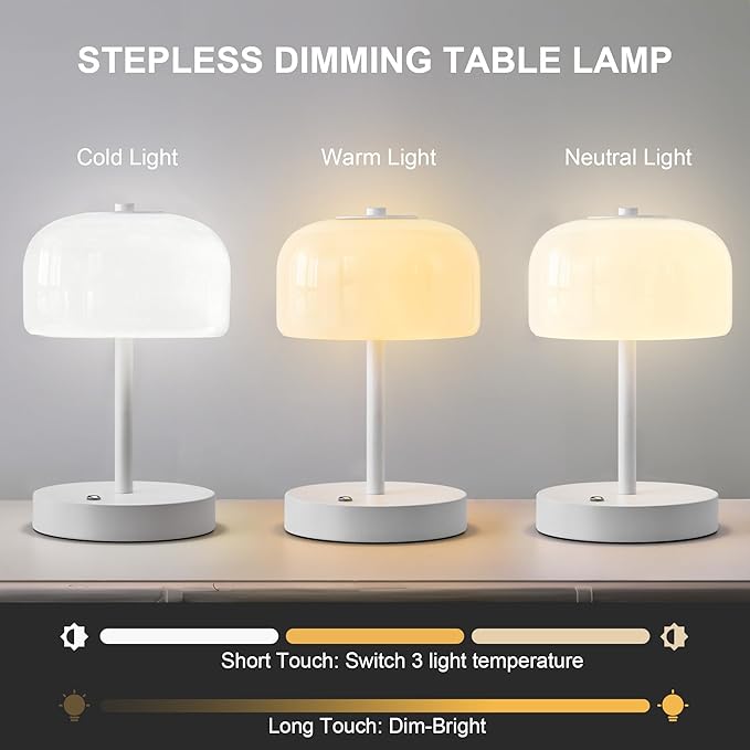 Oneach Portable Cordless Table Lamp, Rechargeable Battery Powered Lamp with Opal Glass Shade, 3-Way Dimmable LED Touch Mushroom Table Lamps for Bedroom, Bedside, Living Room, Dining Room, Patio, White - Bloomnest