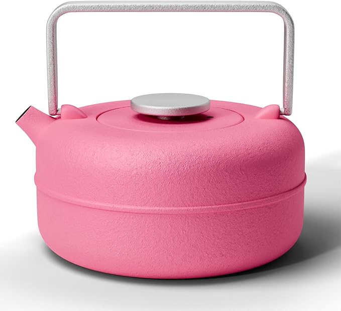 Toptier Teapot with Removable Infuser, Cast Iron Tea Kettle Stovetop Safe, Solid Geometry Cylinder Design Tea Pot Coated with Enameled Interior for 27 Ounce (800 ml), Rose Red - Bloomnest