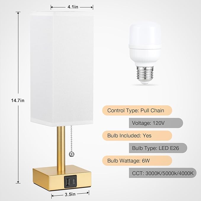 aooshine White Small Table Lamp for Bedroom - 3 Color Temperature 3000K 5000K 4000K Bedside Lamp, Pull Chain Control, USB A and C Ports, Pure Gold Color Base, Bulb Included - Bloomnest