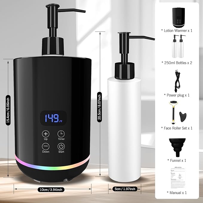 Lotion Warmer, Yofuly Massage Oil Bottle Digital Heater with Atmosphere Light, Portable Electric Cream Heated Dispenser Gua Sha Roller Kit for Spa, Salon and Home Use, Black - Bloomnest