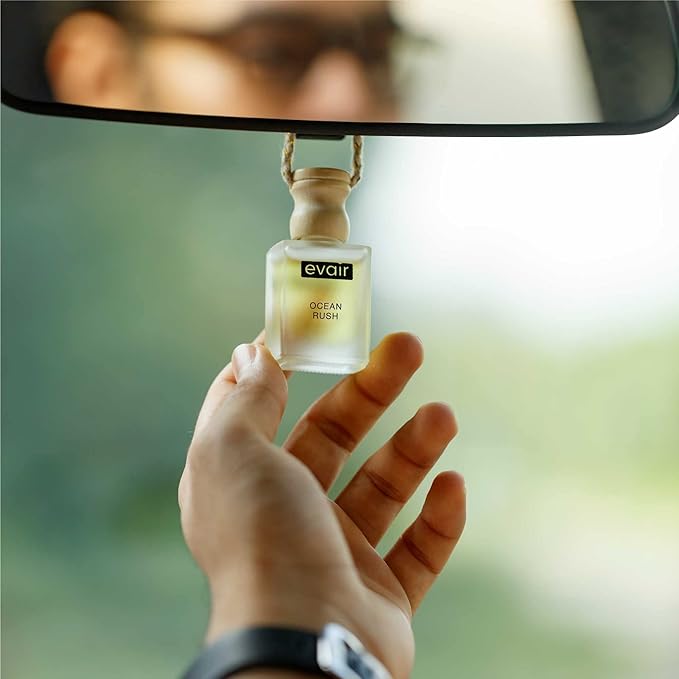 Evair Combo Pack of Car Air Freshener with Essential Oils Fragrances Black Amber, Ocean Rush & English Rose in Glass Bottle with Wooden Diffuser Lid | Each 10 ml- Pack of 3 Evair