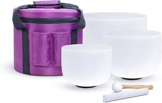 KVKA Set of 3pcs Chakra Frosted Quartz Crystal Singing Bowls Set 8-12 inch with Carrying Case - 12''C 10''F 8''B for Yoga Sound Healing